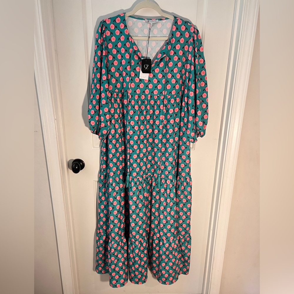 NWT - Cezele Boutique Maxi Dress - Green w/ Pink Flowers - Size L